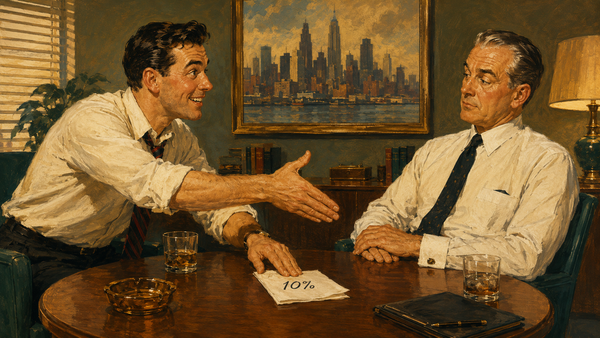A 1950s illustration of an eager young man reaching to shake hands across a table, a napkin marked 10% between him and an older man in shirt and tie sitting back, unconvinced.