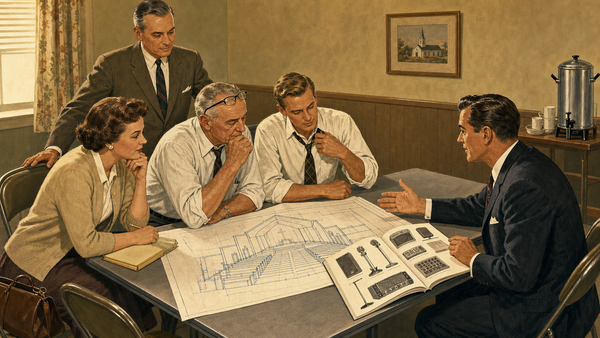 Vintage 1950s illustration of a church committee meeting, four volunteers studying a sanctuary blueprint while a salesman gestures at an equipment catalog across the table.