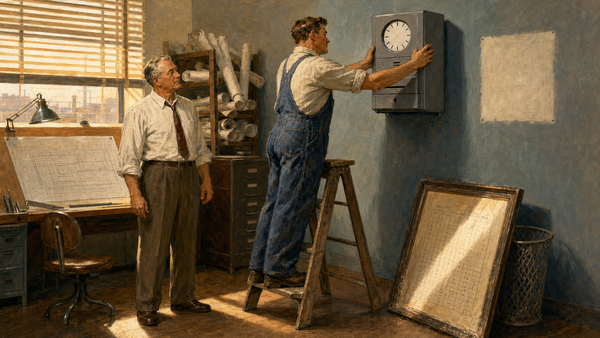A workman on a stepladder mounts an industrial punch clock on an office wall while a framed table of printed figures leans against a wastebasket and a draftsman watches.