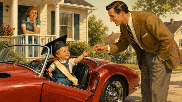 A 1950s-style illustration of a father handing car keys to a toddler in a graduation cap behind the wheel of a red sports car, while a worried mother watches from the porch.