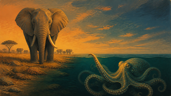 Split illustration of an elephant matriarch on an ochre savanna at sunset facing a teal ocean where an octopus rises toward the surface, painted in vintage advertising style.
