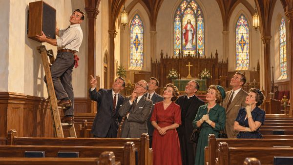 A workman on a ladder holds a loudspeaker against a sanctuary wall while eight well dressed churchgoers look up, pointing and smiling, in a 1950s illustration style.