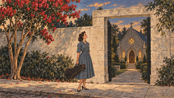 Vintage illustration of a woman holding a guitar case beside a limestone wall and red crepe myrtle, looking up, with an open gate leading to a stone chapel at dusk.