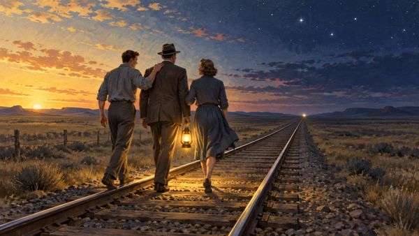 A man in a suit and fedora carries a glowing brass lantern along a railroad track with two companions, one resting a hand on his shoulder. Golden sky behind them deepens to starry indigo ahea