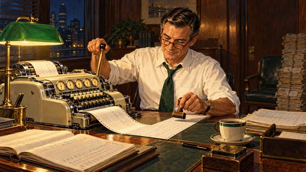 A man in rolled shirtsleeves grips an accounting machine’s brass lever while holding a rubber stamp above its paper output. A green banker’s lamp illuminates ledgers and coffee; bundled invoi