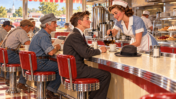An older man in denim looks toward a suited teenage boy as a waitress pours the boy’s coffee at a sunny diner counter.