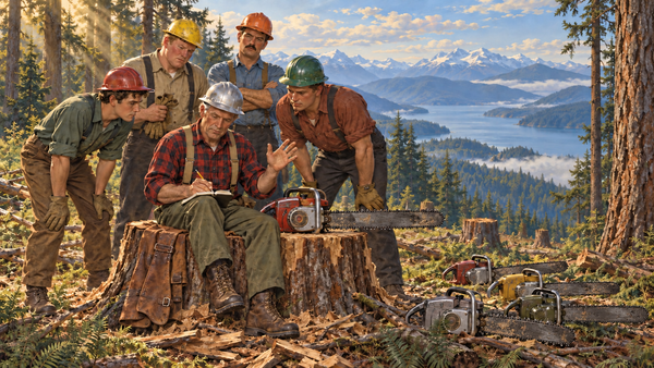 1950s-style painting of a veteran forester writing in a notebook on a stump as four young loggers watch, their chainsaws resting nearby above a misty mountain lake.