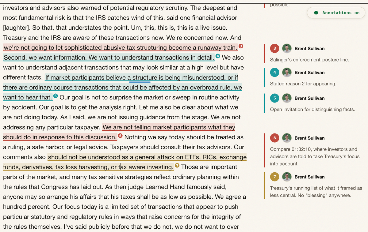 Annotated transcript with color-coded margin notes by Brent Sullivan