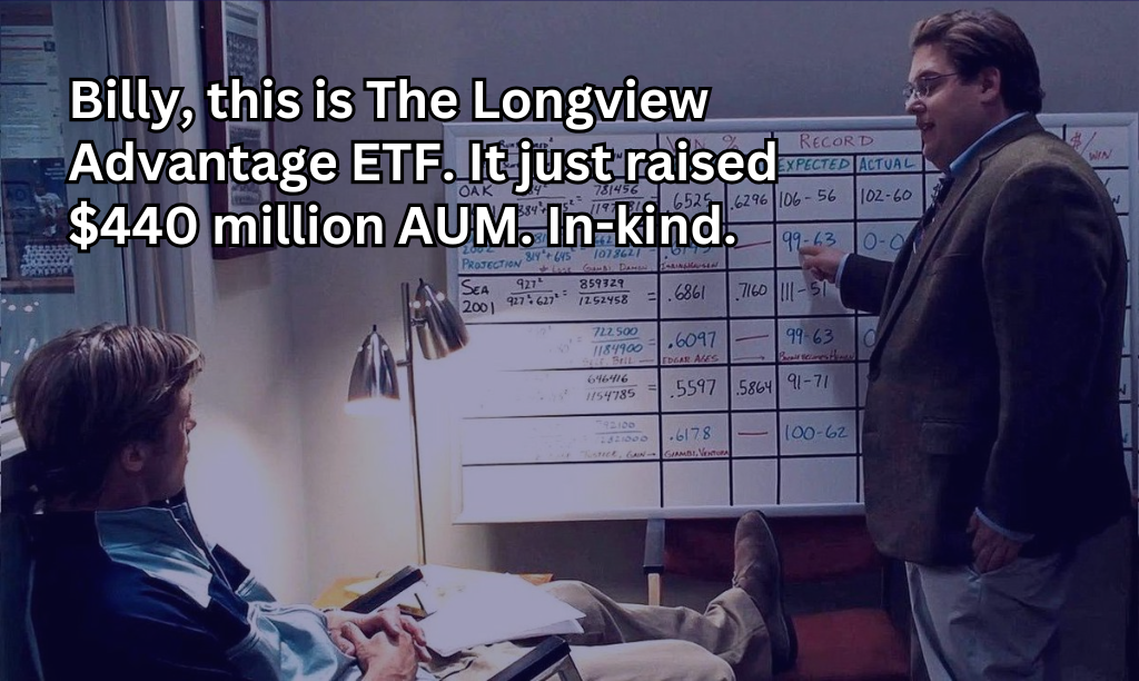 Graphic on the Longview Advantage ETF launching at $440 million, seeded 75% in-kind with other ETFs