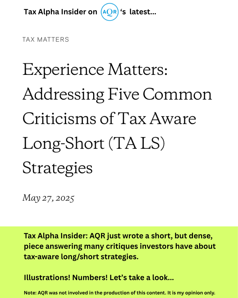 Cartoon of AQR rebutting five common critiques of tax-aware long/short with charts and numbers