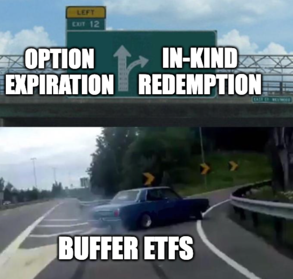Cartoon revealing the options trick behind buffer ETFs' unusually low distributions and high tax efficiency