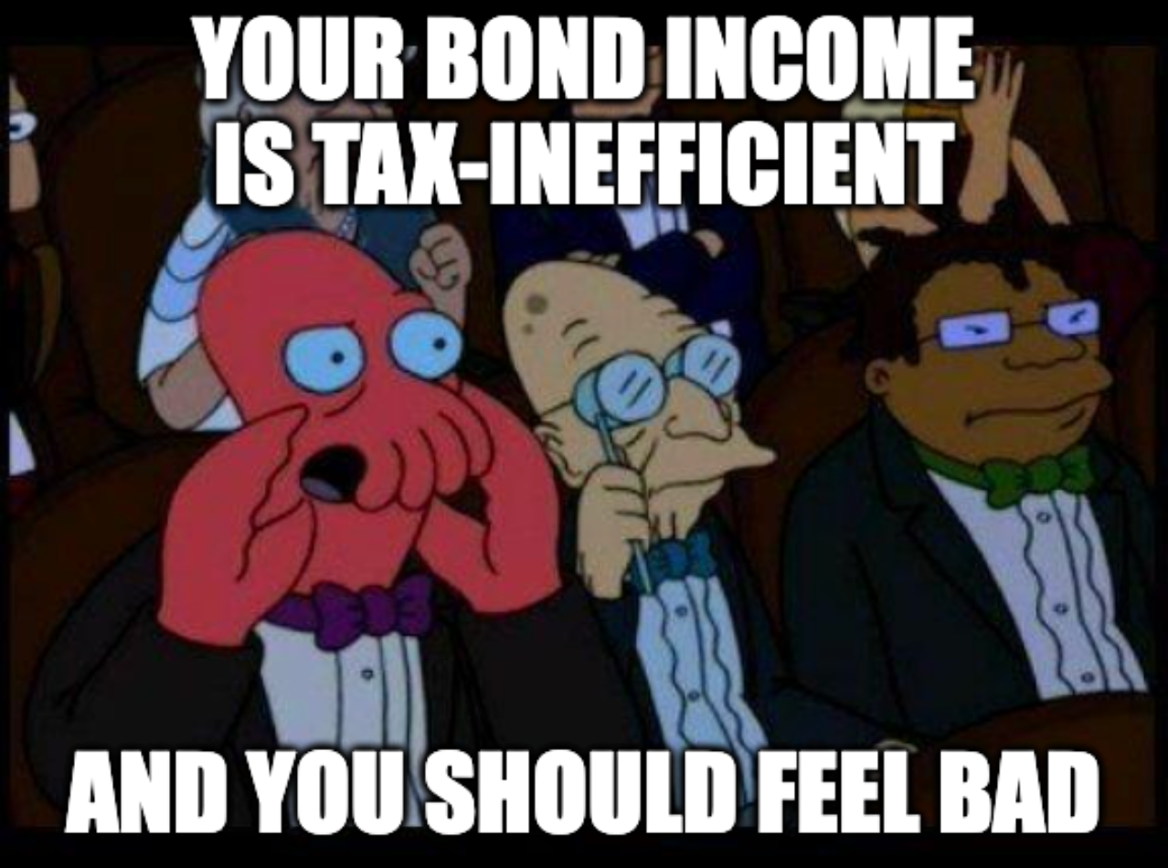 Cartoon on no-income bond ETFs that defer tax by making zero distributions until sale