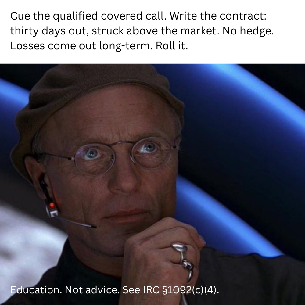 Cartoon on writing a qualified covered call against an underlying position and the tax treatment it unlocks