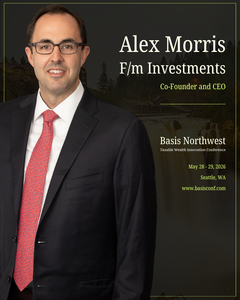 Cartoon marking F/m CEO Alexander Morris as a Basis Northwest speaker on the ETF mutual fund share class