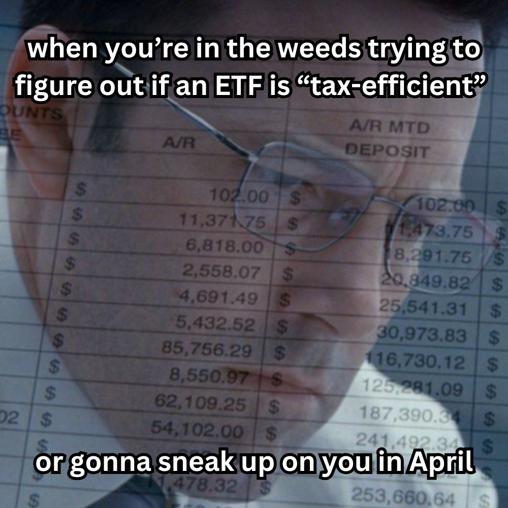 Cartoon presenting a checklist for bundling an ETF's hidden tax costs with its expense ratio for diligence