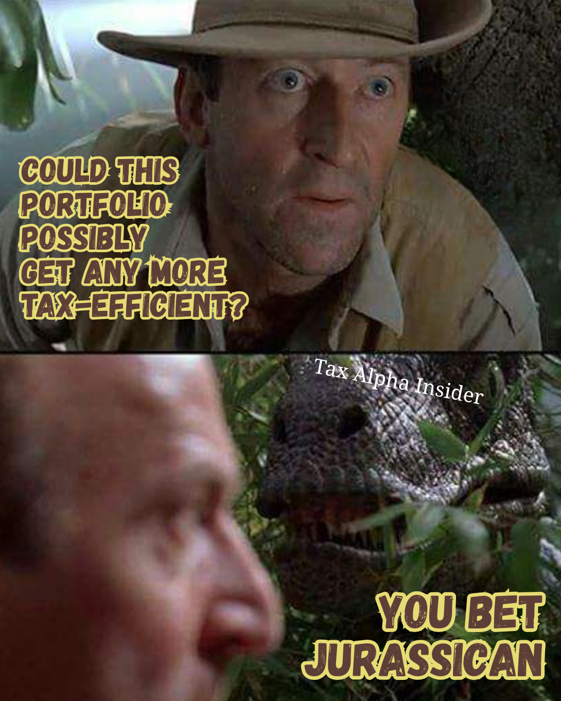 Jurassic Park-themed graphic revisiting the 1993 paper Is Your Alpha Big Enough to Cover Its Taxes