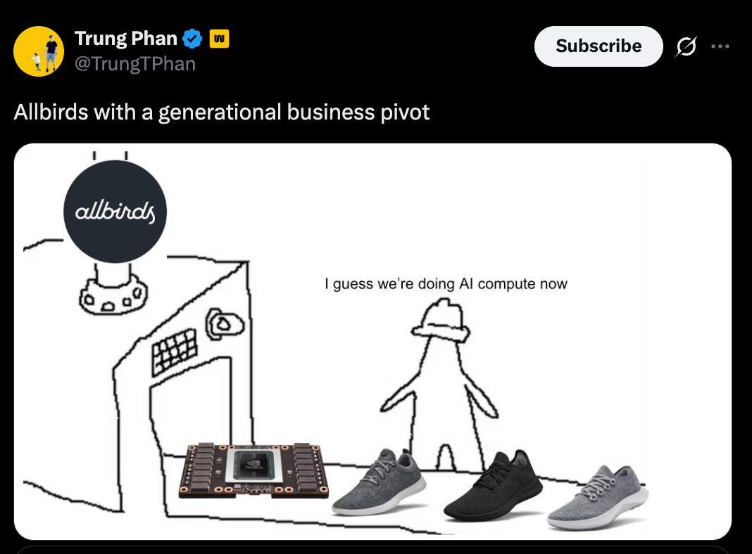 Tongue-in-cheek cartoon riffing on Tax Alpha Insider pivoting to AI infrastructure, spoofing Allbirds
