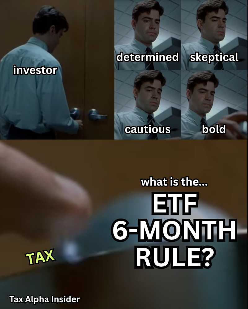Cartoon flagging the obscure six-month ETF tax-loss harvesting rule as a hidden tax landmine