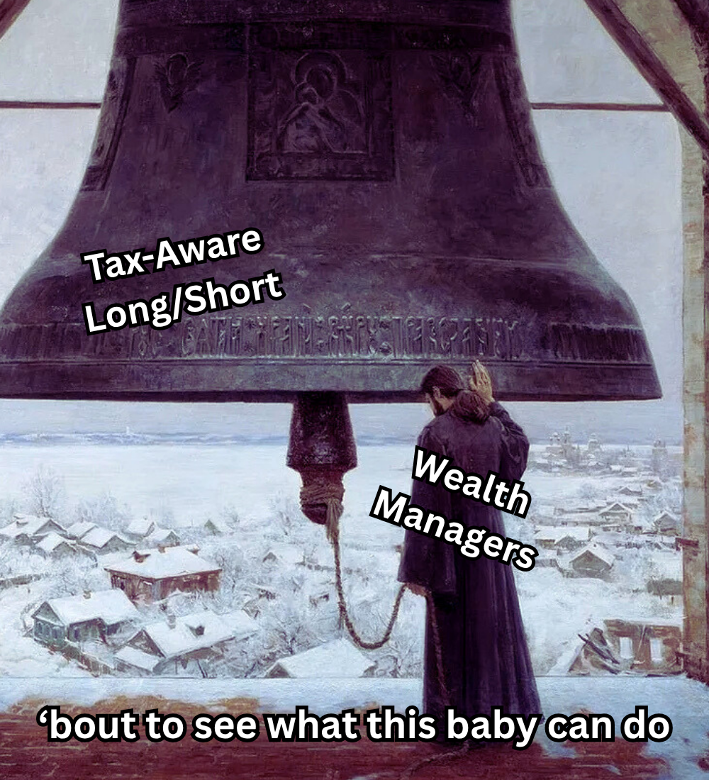 Cartoon of advisers applying different tax-aware long/short hold patterns across client scenarios