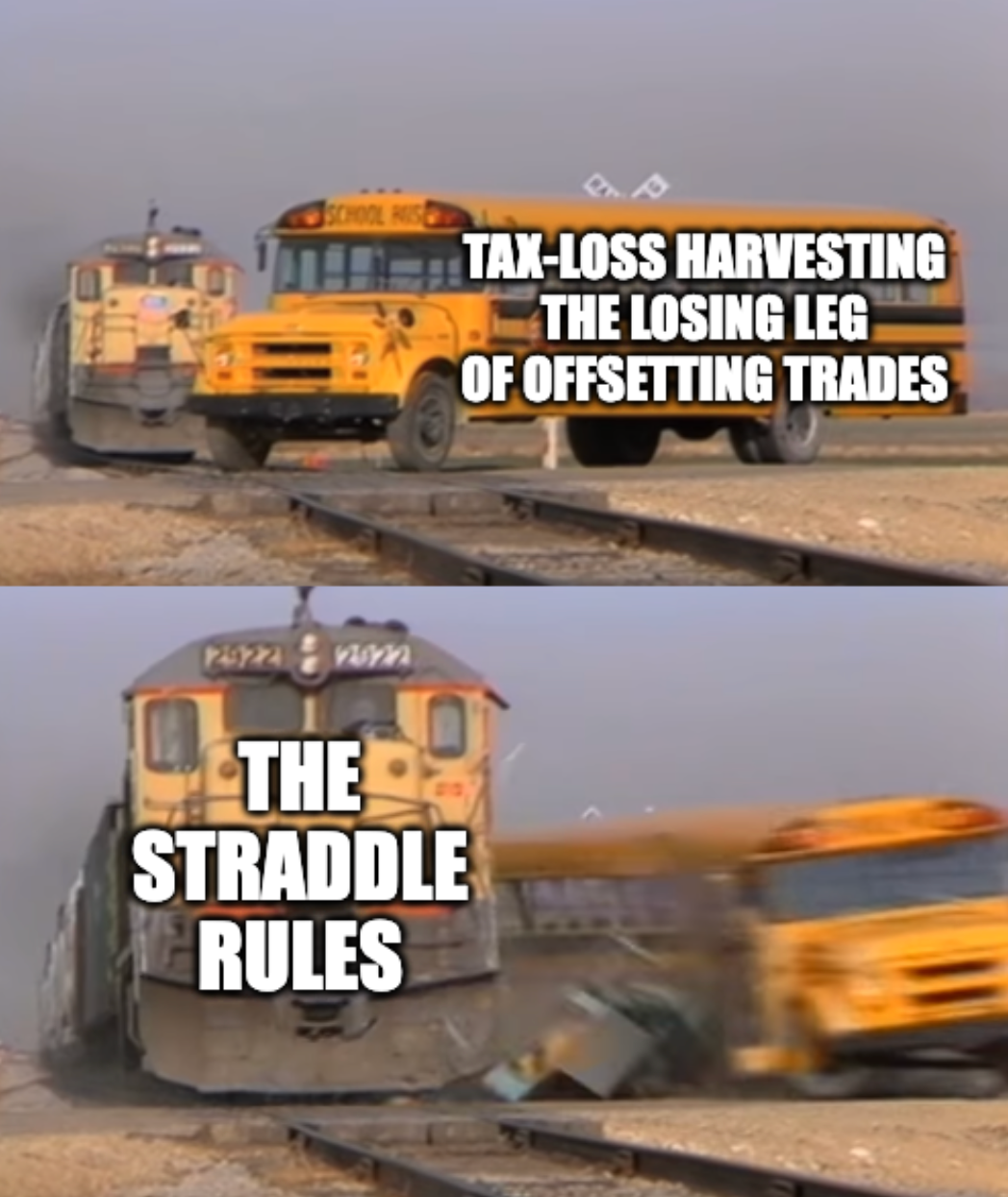 Cartoon showing phantom income appearing when the straddle rules apply to an option collar position