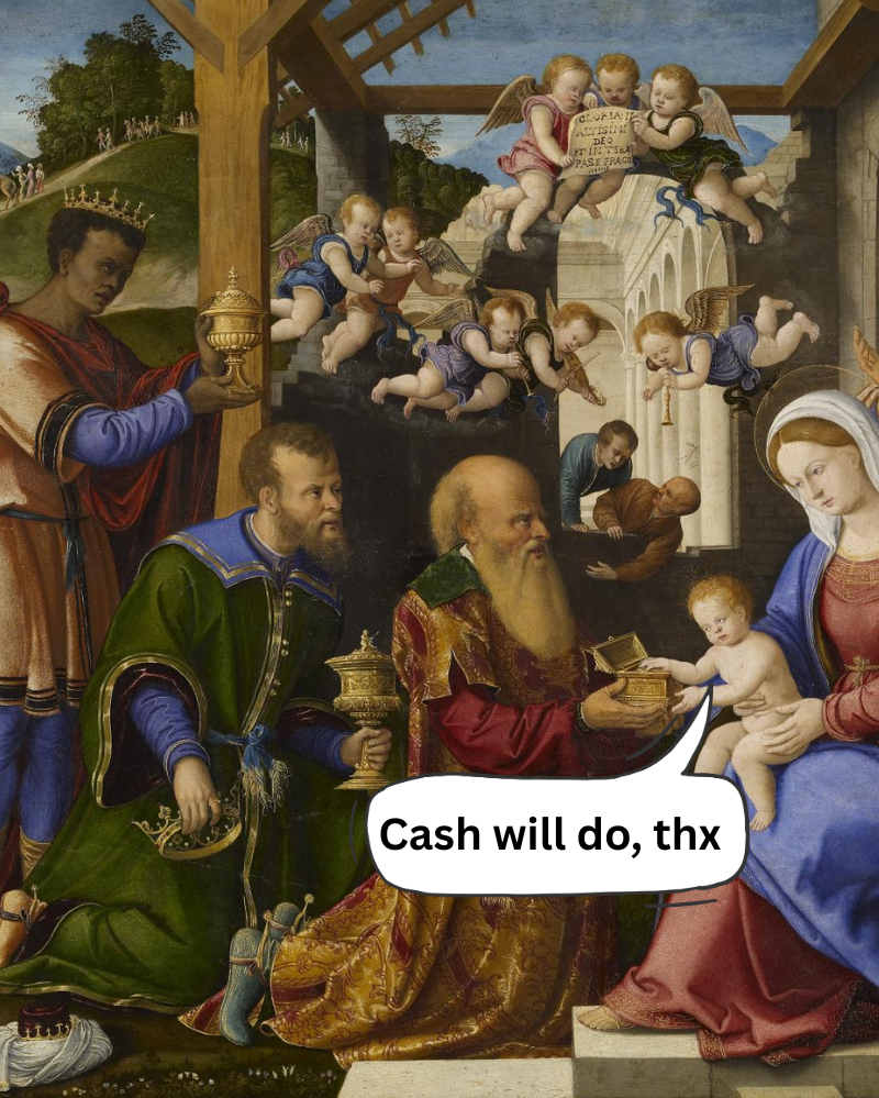 Cartoon weighing a donation of appreciated stock against cash under differing AGI deduction limits