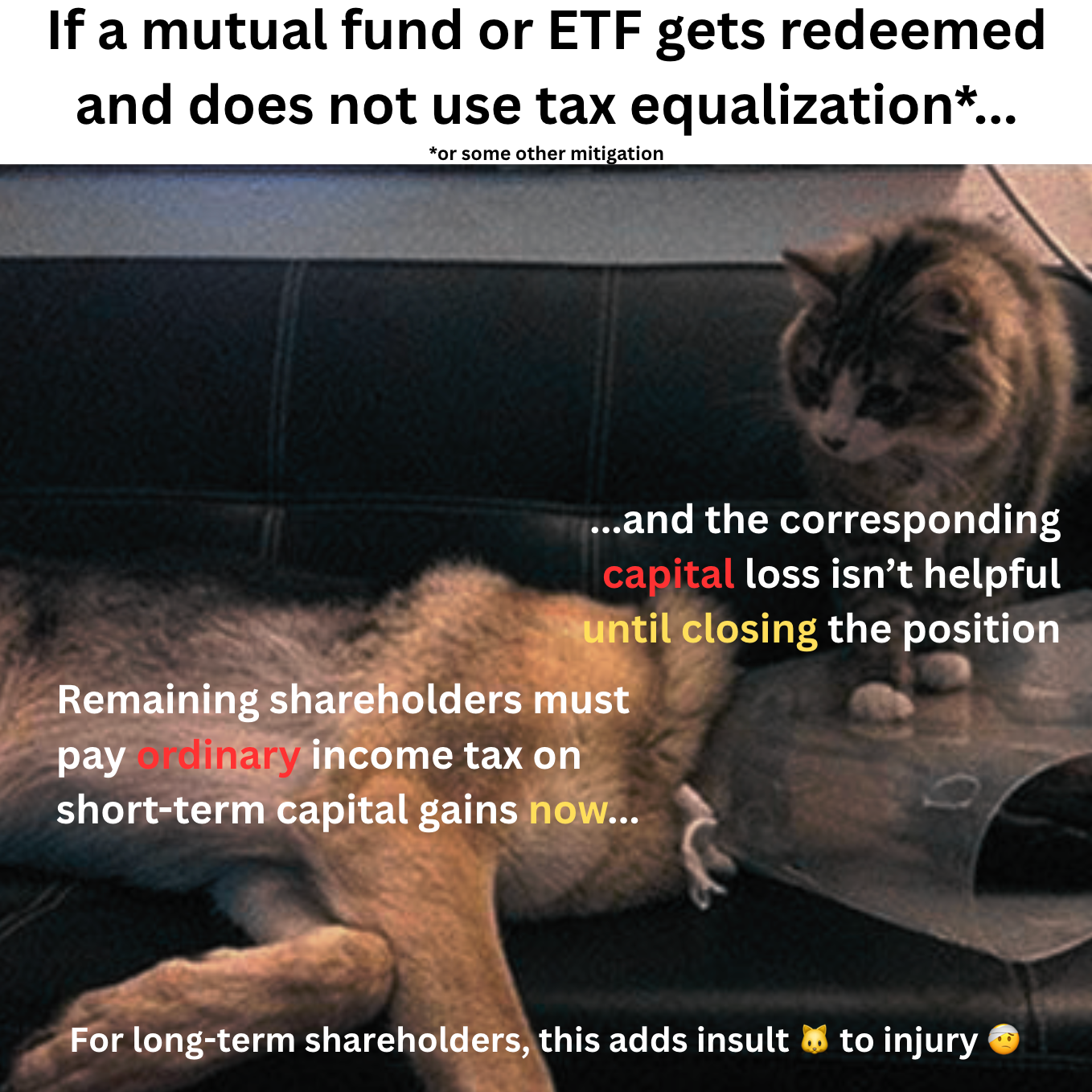 Cartoon on tax equalization protecting long-term mutual fund and ETF investors during redemptions