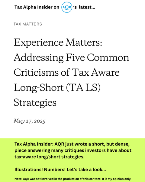 Cartoon of AQR rebutting five common critiques of tax-aware long/short with charts and numbers