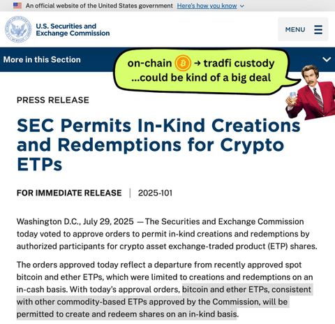 Cartoon on the SEC permitting in-kind creation and redemption for crypto exchange-traded products
