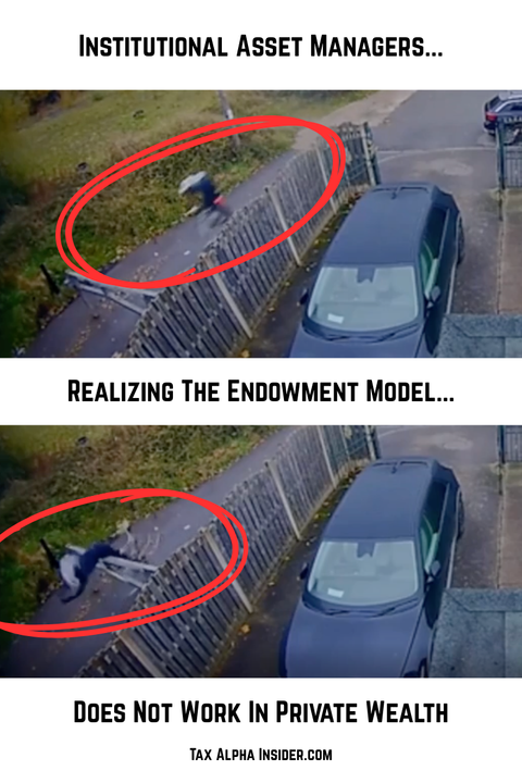 Cartoon of the tax-free endowment model breaking down once taxes hit a private taxable portfolio