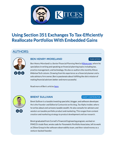 Cartoon of a Section 351 exchange reallocating a portfolio of embedded-gain holdings into an ETF tax-free