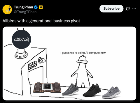 Tongue-in-cheek cartoon riffing on Tax Alpha Insider pivoting to AI infrastructure, spoofing Allbirds