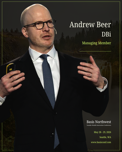 Cartoon teasing Andrew Beer's new ETF innovation reveal at Basis Northwest, framed as not crypto or AI