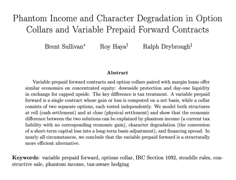 Cartoon contrasting a variable prepaid forward against an option collar plus margin loan for concentrated stock