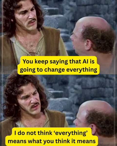Cartoon of an AI hallucinating at a conference playground, framing AI's limits in wealth and tax work