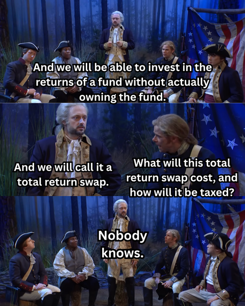 Colonial soldiers: a total return swap lets you invest in a fund without owning it; how is it taxed? Nobody knows.