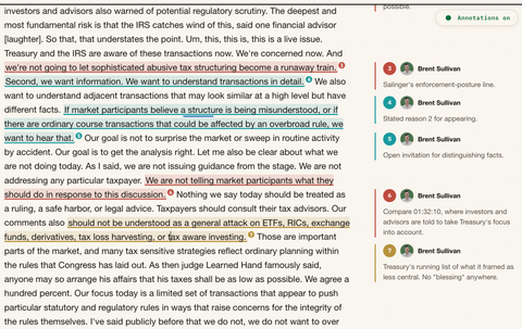 Annotated transcript with color-coded margin notes by Brent Sullivan