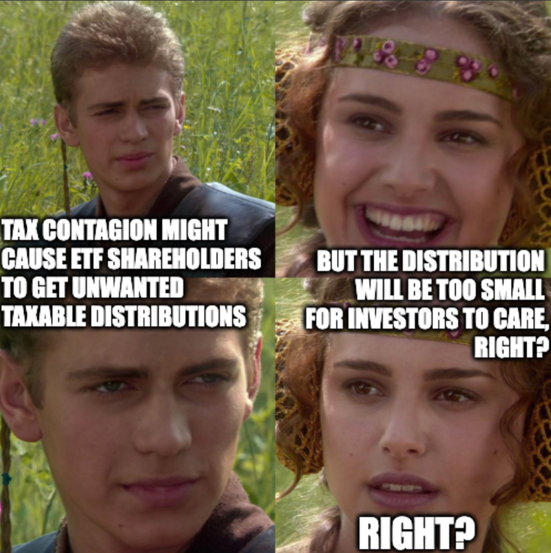 Cartoon showing tax costs spreading like contagion from one ETF share class to another after a switch
