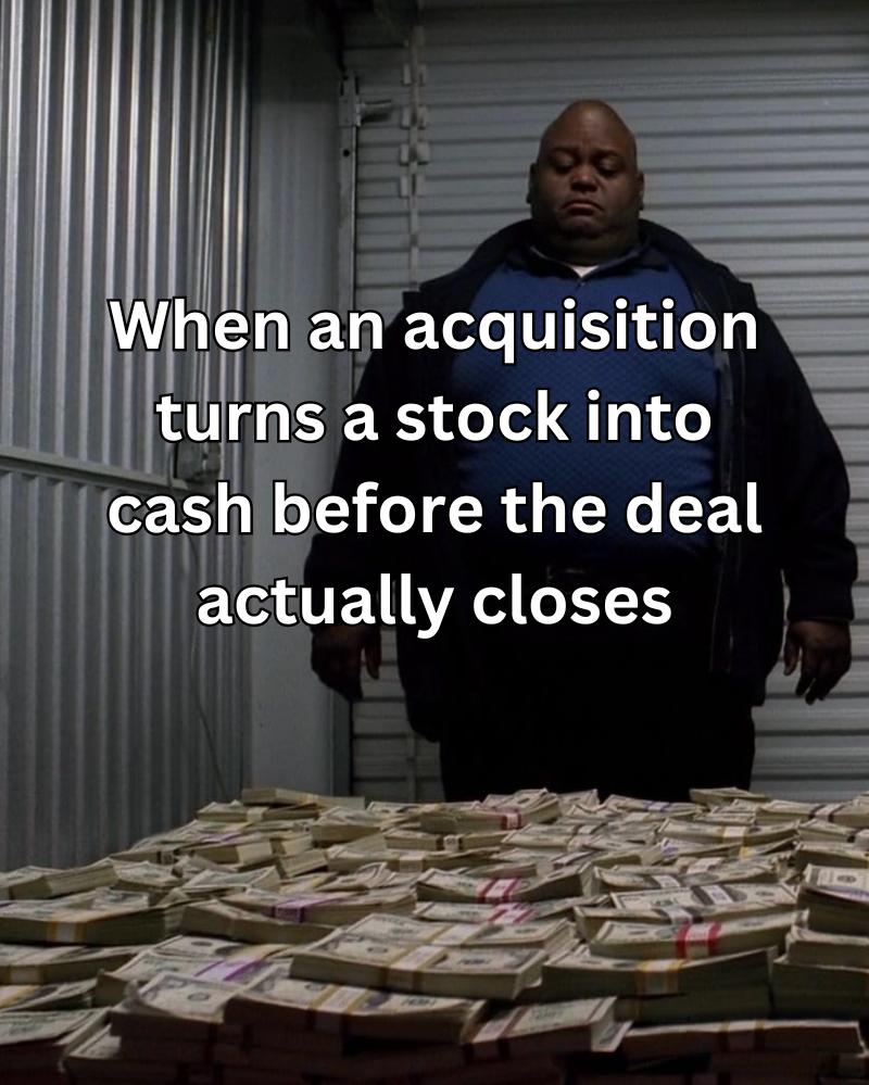 Cartoon of a stock position morphing into cash ahead of an announced all-cash acquisition closing