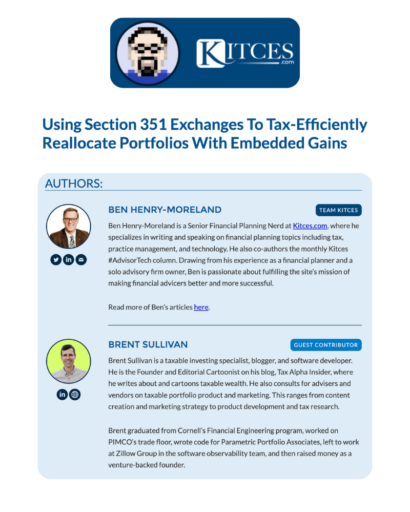 Cartoon of a Section 351 exchange reallocating a portfolio of embedded-gain holdings into an ETF tax-free