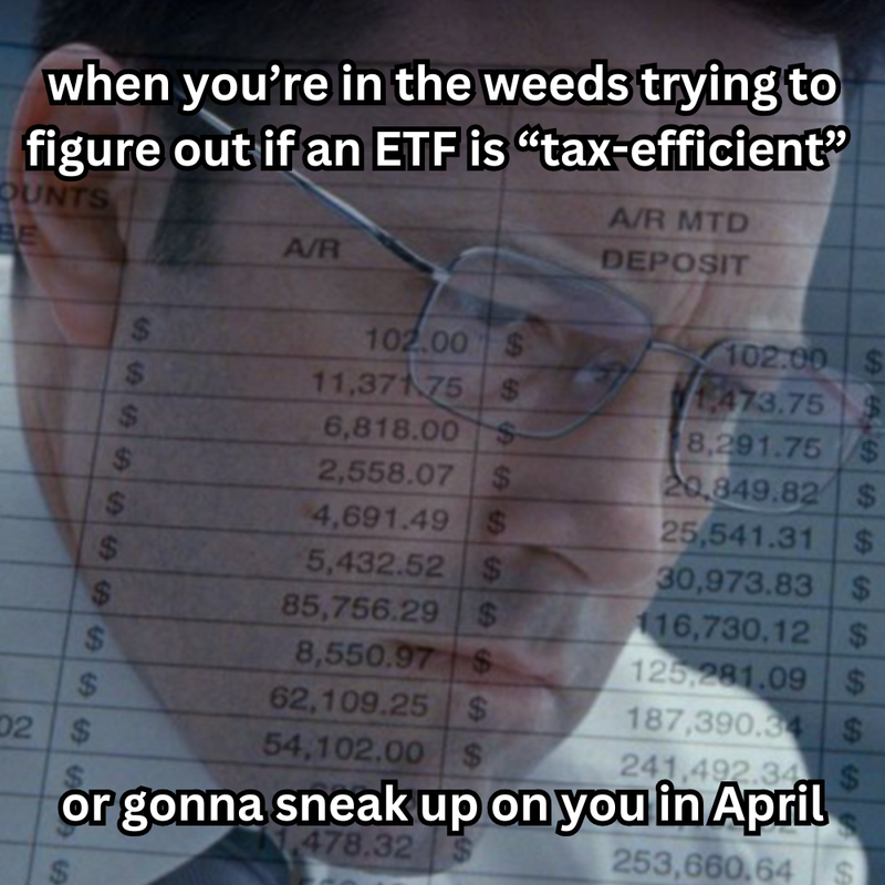 Cartoon presenting a checklist for bundling an ETF's hidden tax costs with its expense ratio for diligence