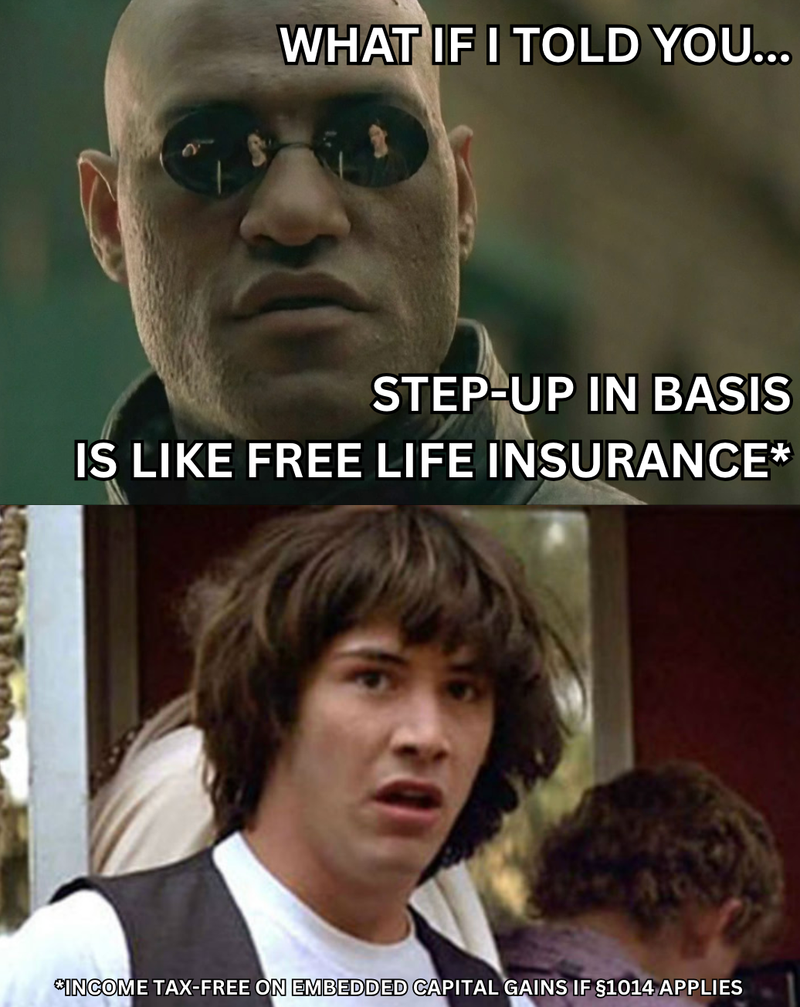 Cartoon comparing the step-up in basis at death to a free life insurance payout, drawn from a 1993 paper