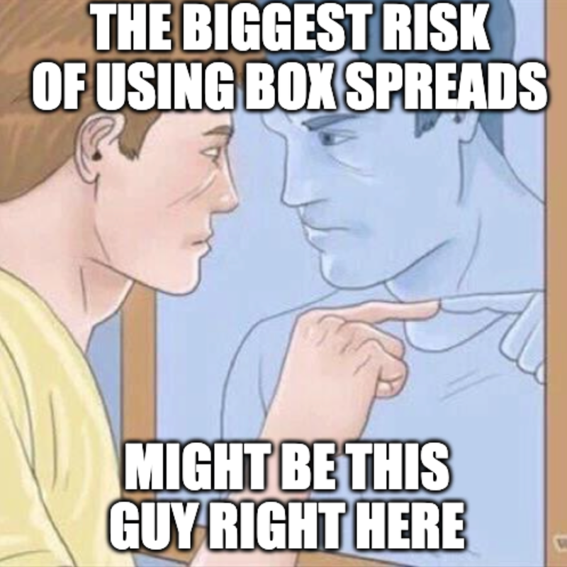 Cartoon questioning whether box-spread borrowing is truly free of credit risk when the borrower is the weak link