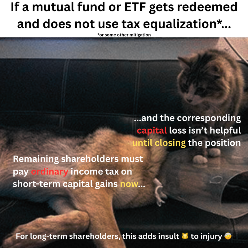 Cartoon on tax equalization protecting long-term mutual fund and ETF investors during redemptions