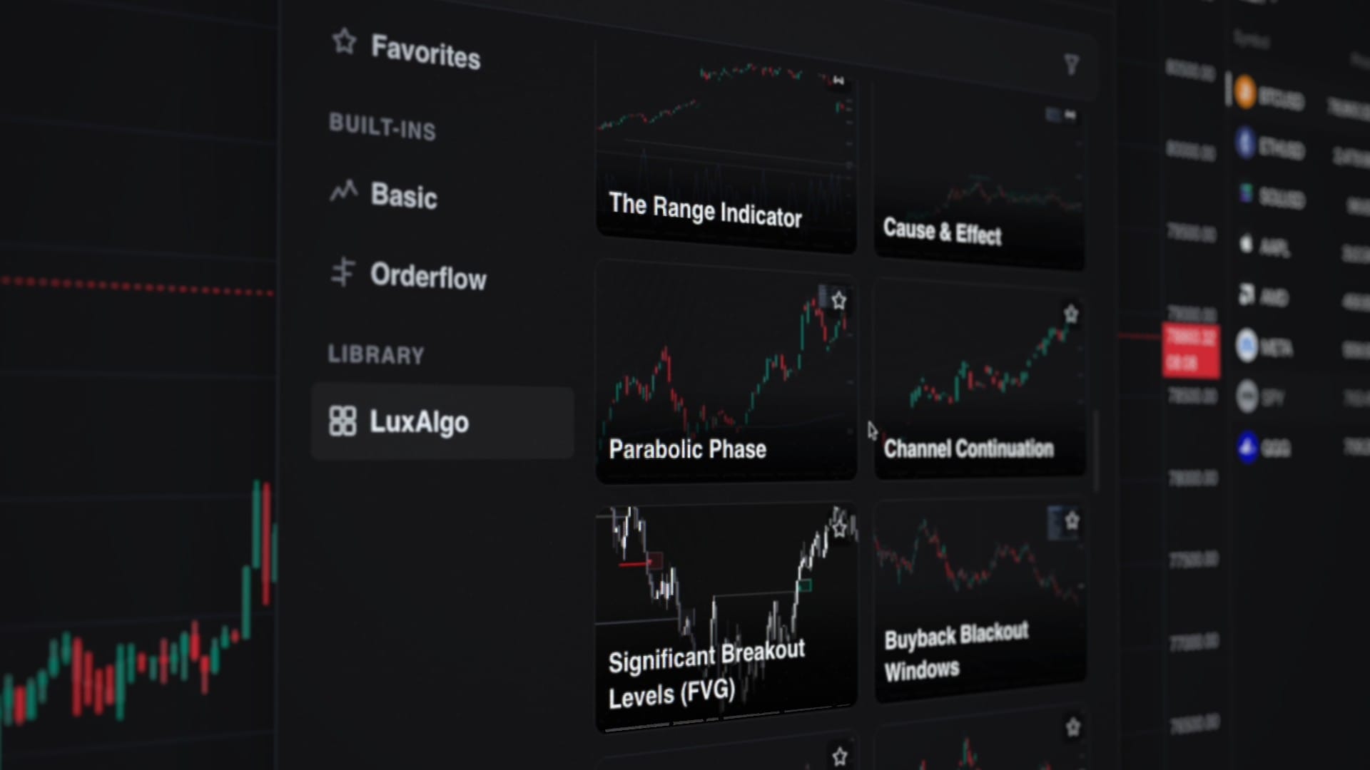 The LuxAlgo Library indicator menu open inside Quant Charts