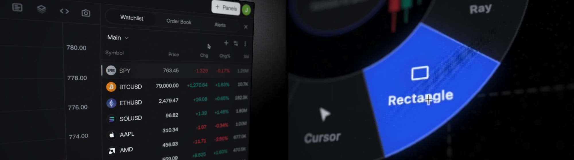 Side by side: the workspace panels with watchlist, order book, and alerts, and the radial drawing menu up close