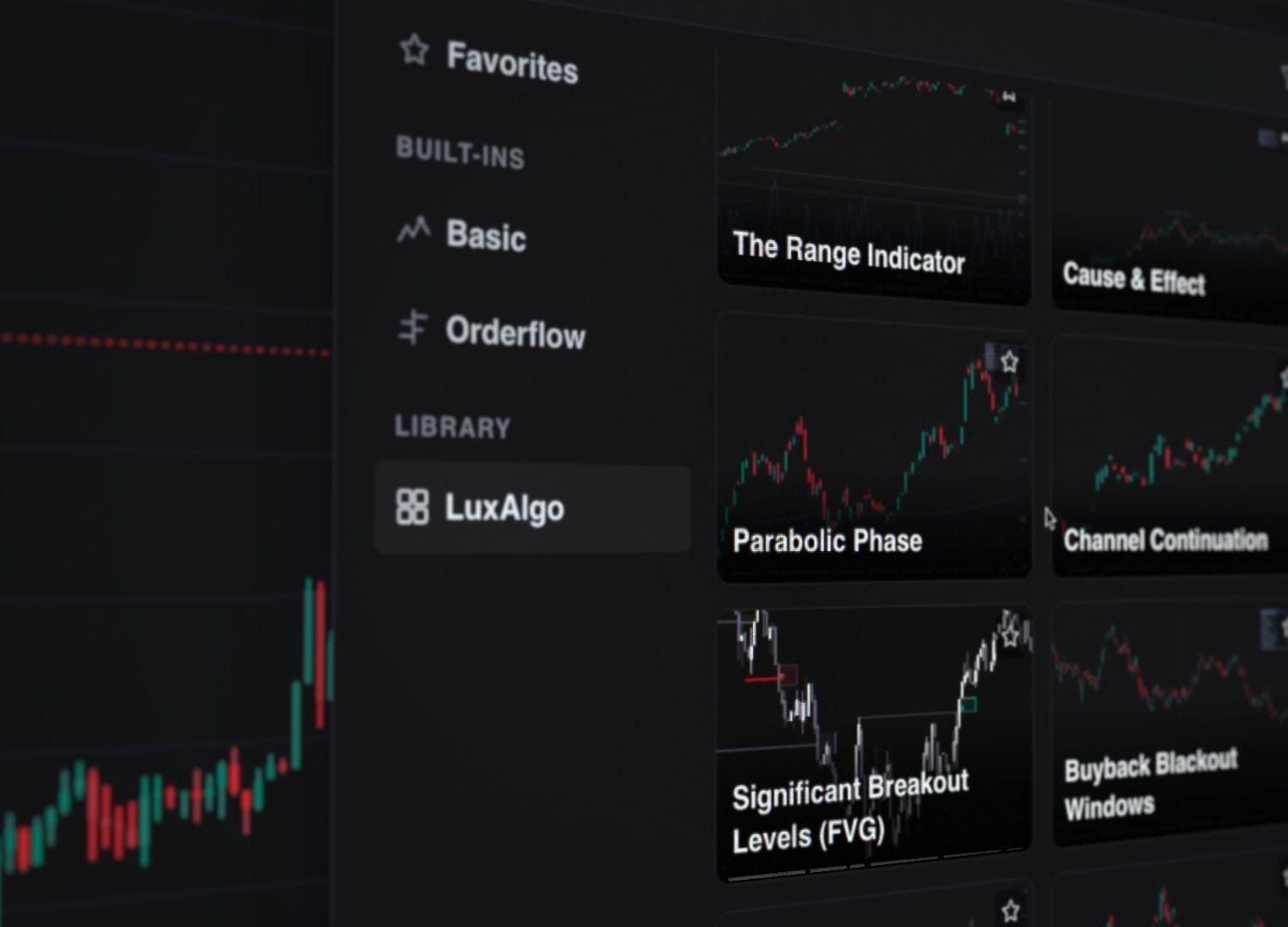 Vela Pro indicator menu with the LuxAlgo Library tab open