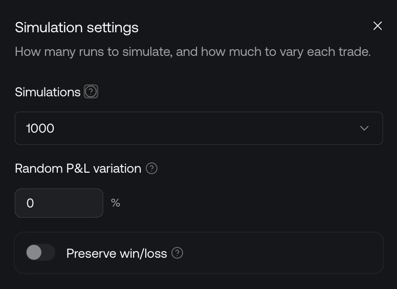 Simulation settings showing 1000 runs and zero P&L variation