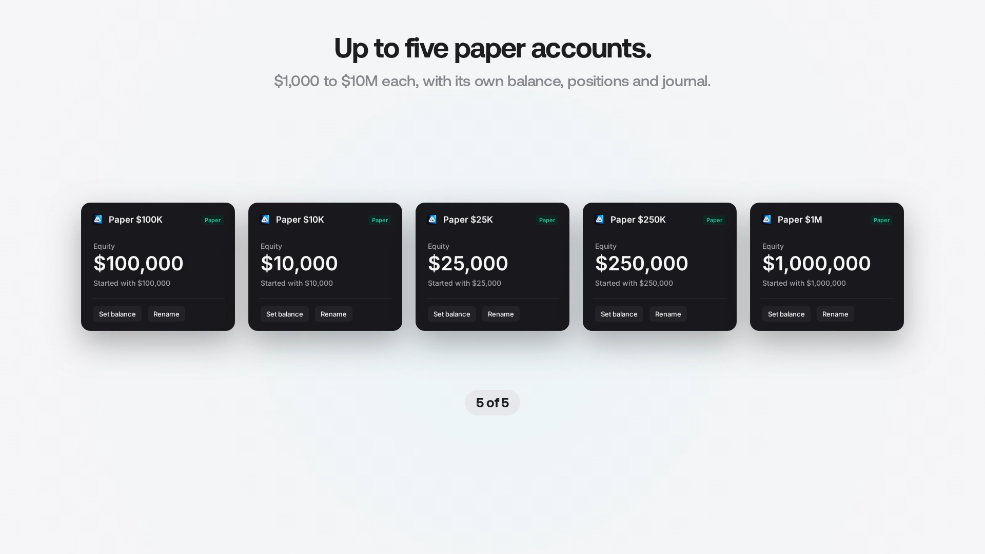 Five separate Vela paper trading accounts with individual balances and account controls.