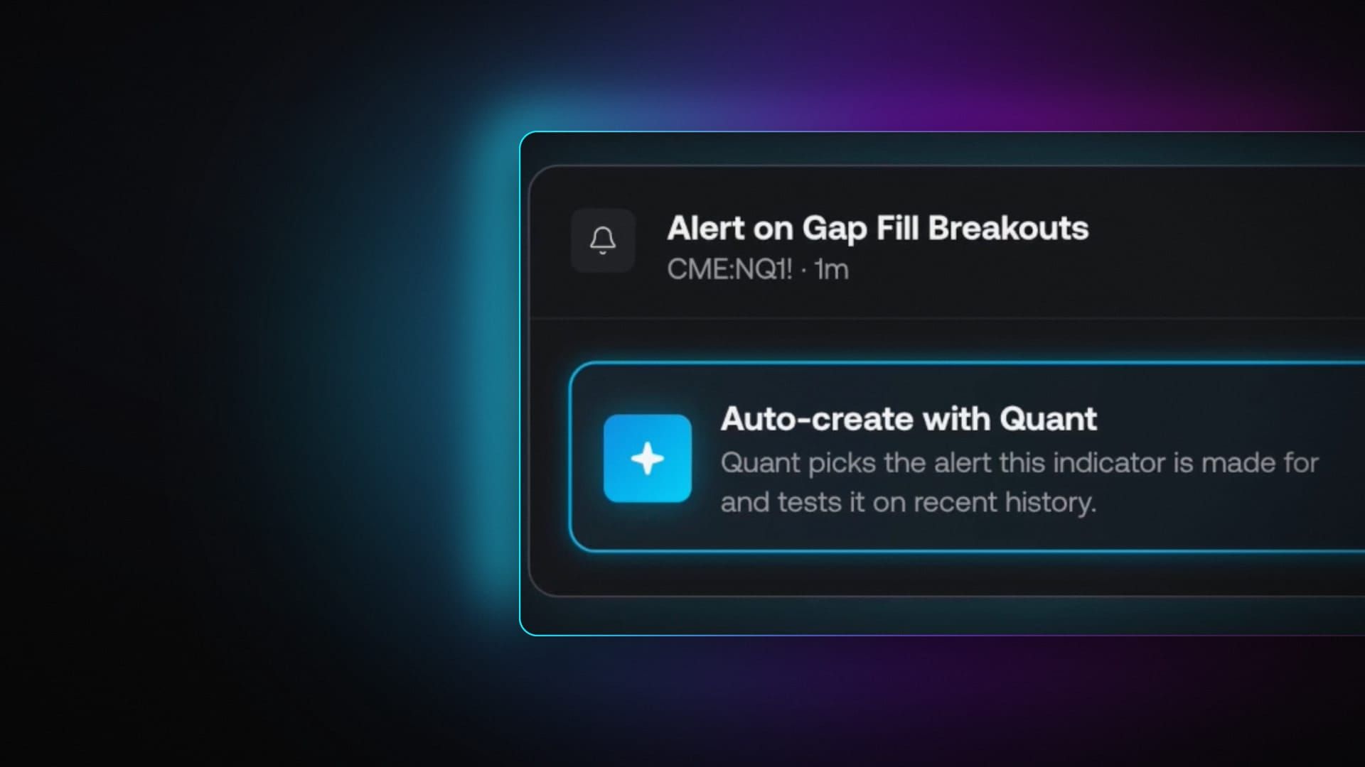 Vela alert menu highlighting Auto-create with Quant for a Gap Fill Breakouts indicator.