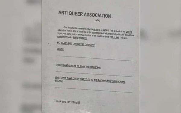 Survey asking if “queers” should use “normal people” bathrooms goes around school